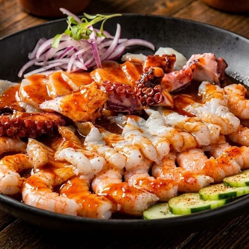 A black bowl filled with shrimp, octopus, and fish ceviche, garnished with red onion and cucumber.