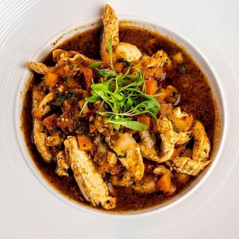 Chicken and vegetable stew in a rich brown sauce, garnished with fresh greens in a white bowl.