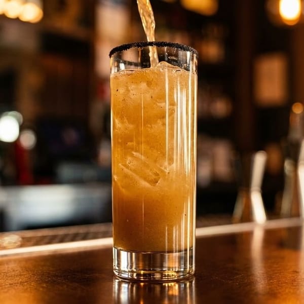 A tall glass with a dark rim, filled with a brown drink and ice, on a bar.
