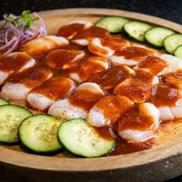 Scallops with red sauce, garnished with cucumber slices and red onion on a wooden plate.