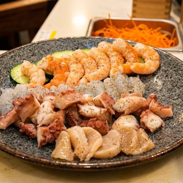 A plate of seasoned shrimp, octopus, and scallops with cucumber slices on a counter.